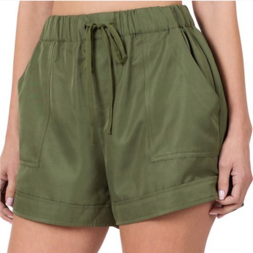 ❗ CLEARANCE ❗Woven Paper Bag Drawstring Shorts with pockets in Ash Olive